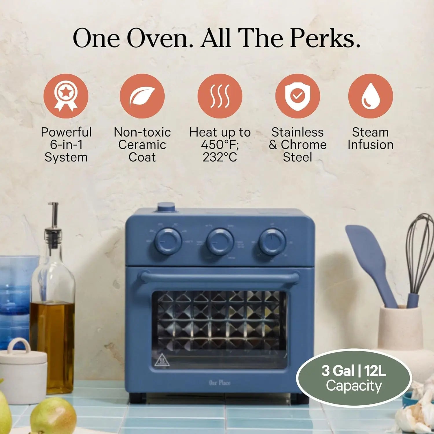 6-in-1 Air Fryer Toaster Oven with Steam Infusion, Non-toxic PFAS-Free, Blue Salt