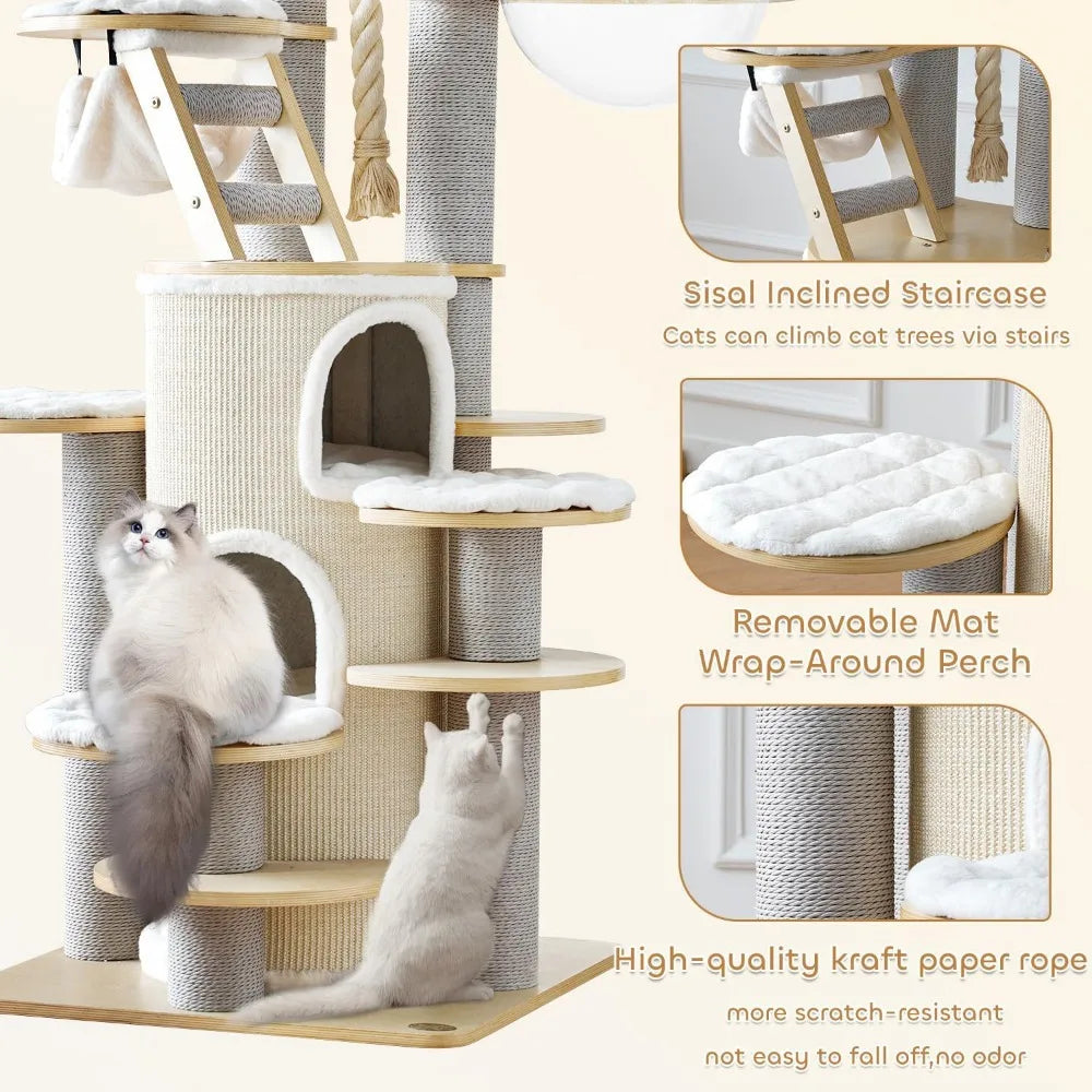 63'' Castle Large Cat Tree for Maine Coon,Modern Solid Wood Cat Tower for Indoor Cats Adults,Multi-Level Heavy Duty Luxury Cat C