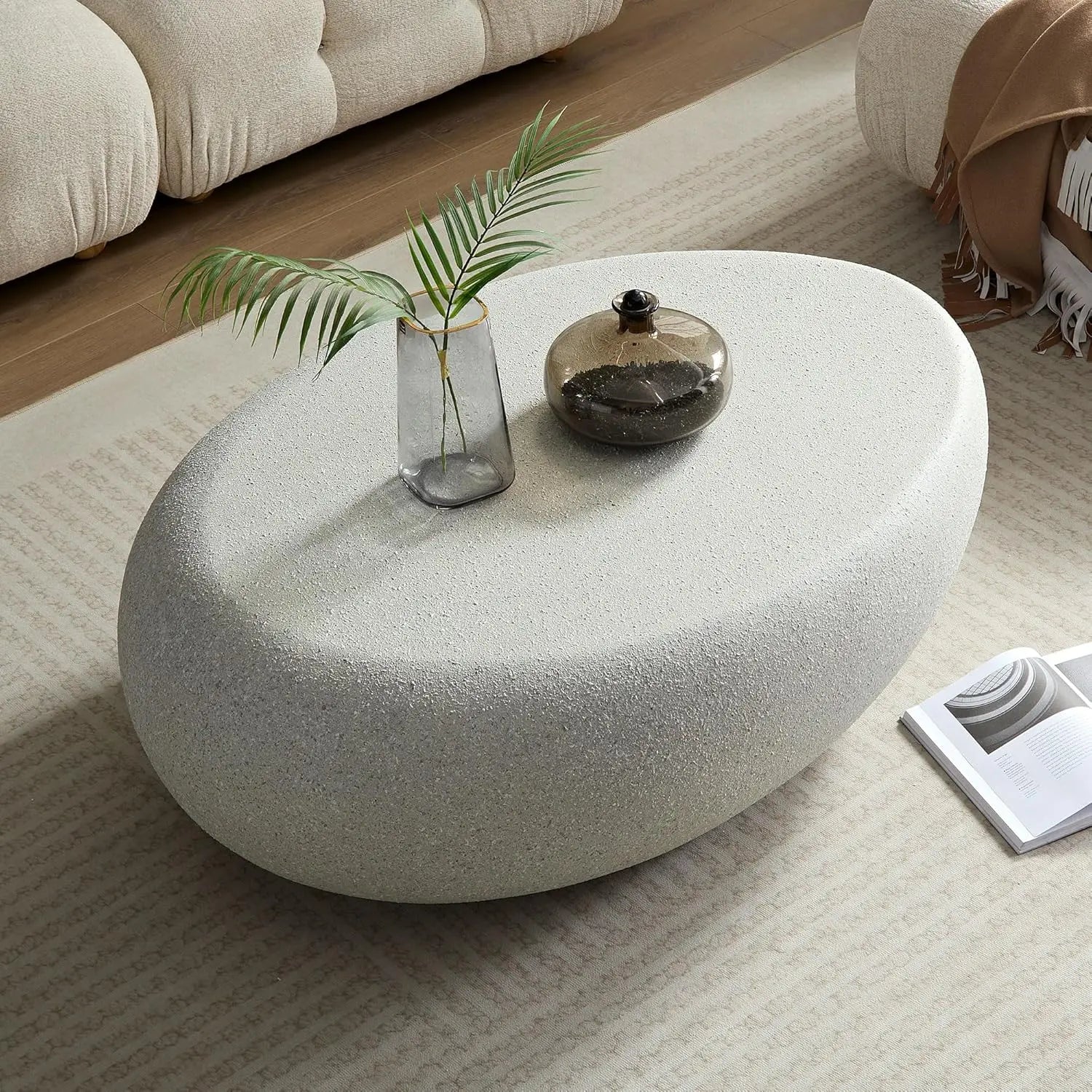 43.3" Oval Coffee Table with Grainy Matte Rocks Pattern, Modern Irregular Center Table,Drum Fiberglass Coffee Table Accent Side
