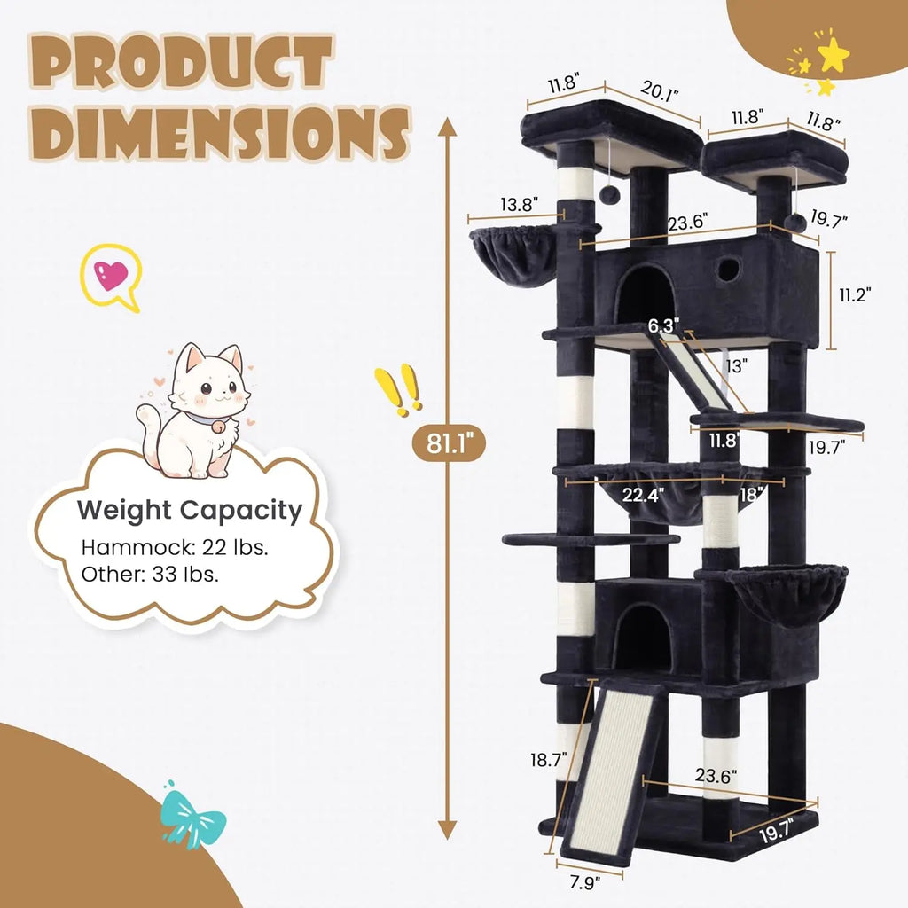 81" Tall Cat Tree - Hammock, Cozy Perches, Sisal Posts & Wide Base -Dark Grey Cat Condo