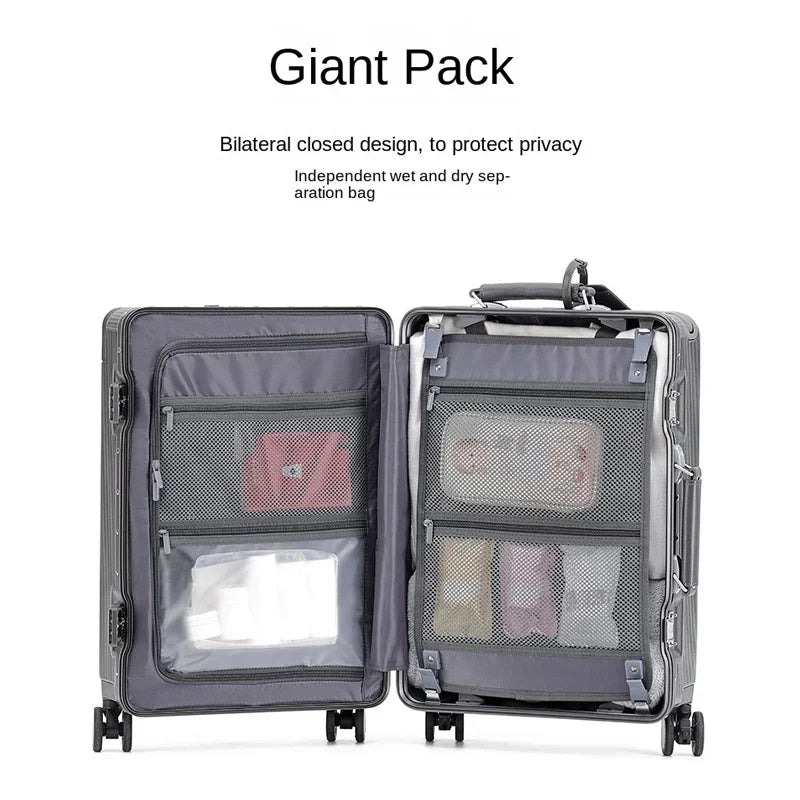 20/24/26 Inch Front Opening Pocket Suitcase Rolling Luggage Aluminum Frame Wide Handle Trolley Case with Wheel USB Charging