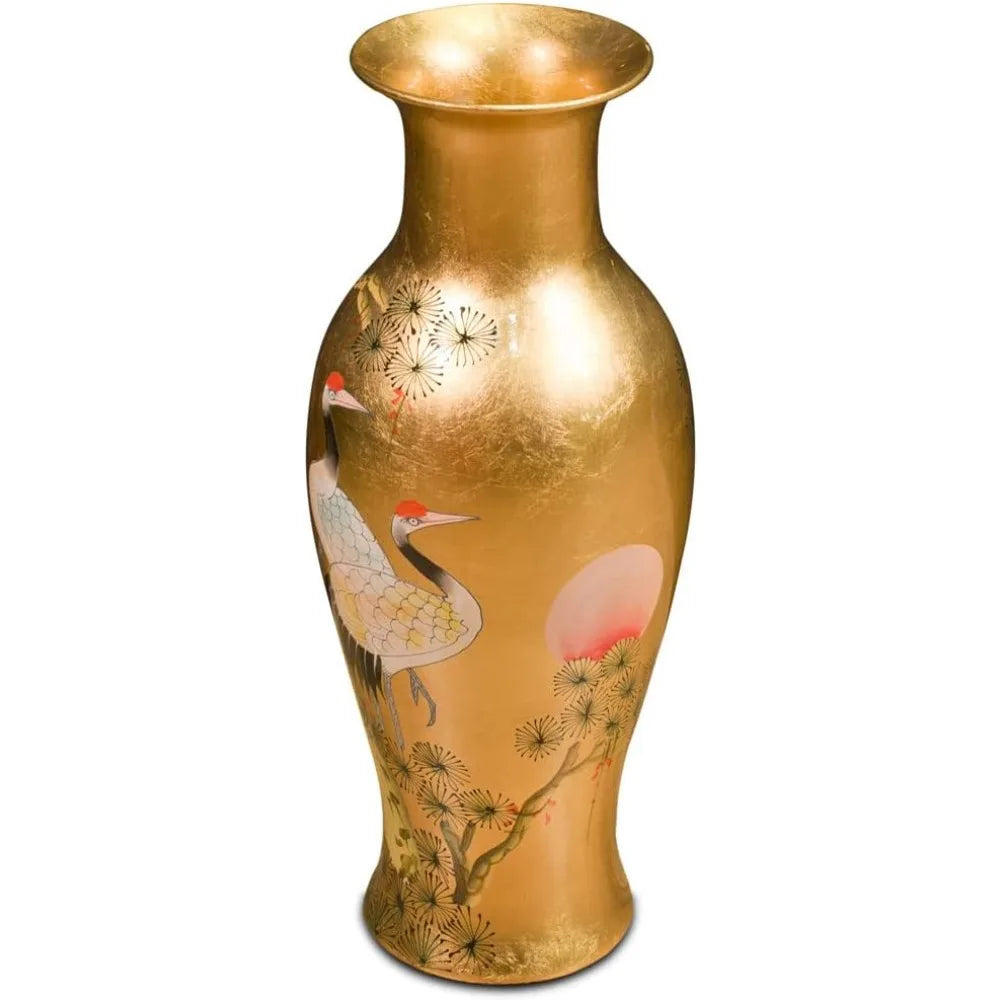 China Furniture Online 24 Inch Gold Leaf Longevity Cranes Oriental Vase