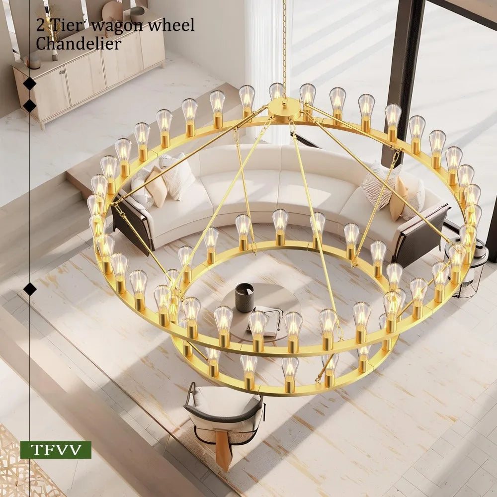 60‘’ Grand Circle 54-Light  Lamps Gold Wagon Wheel Chandelier 2 Tier Design Rustic Fixture Lighting  Lights For Room Home Decor