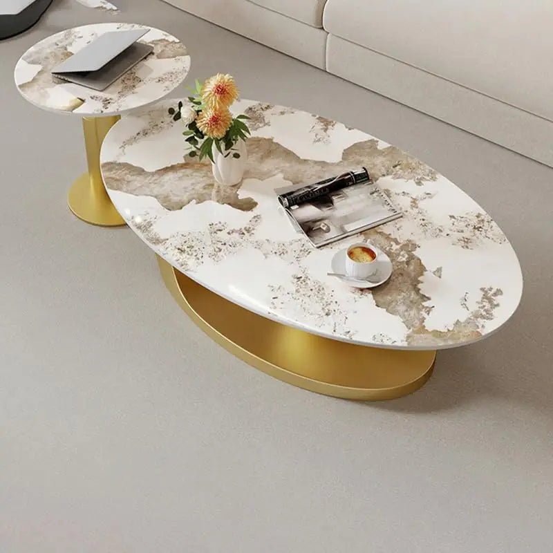 Modern Stone Coffee Table with Abstract Metal Base Living Room Table Center Table for Home Furniture