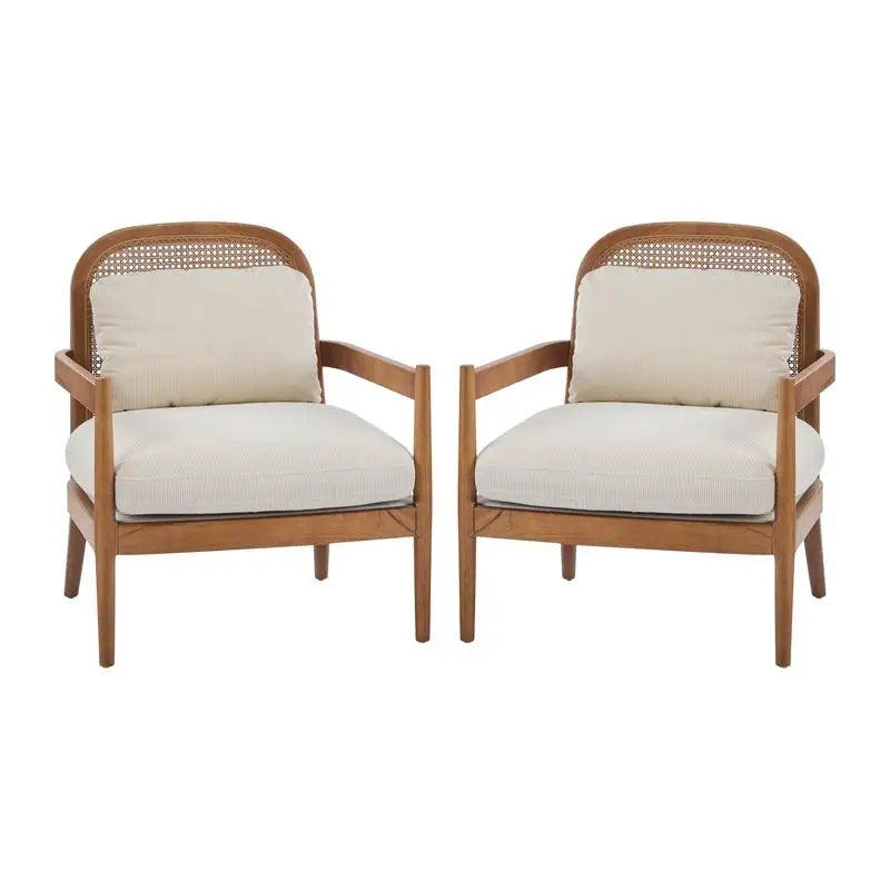Set of 2 Mid-Century Modern Accent Chairs with Walnut Finish Solid Wood Frame and Rattan Backrest, Beige Cushions with Striped