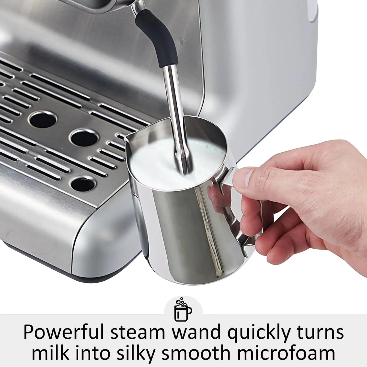 Semi-Automatic Espresso Machine with Grinder, 20 Bar, Milk Frother, 95-Oz Tank, PID Temp Control, Silver