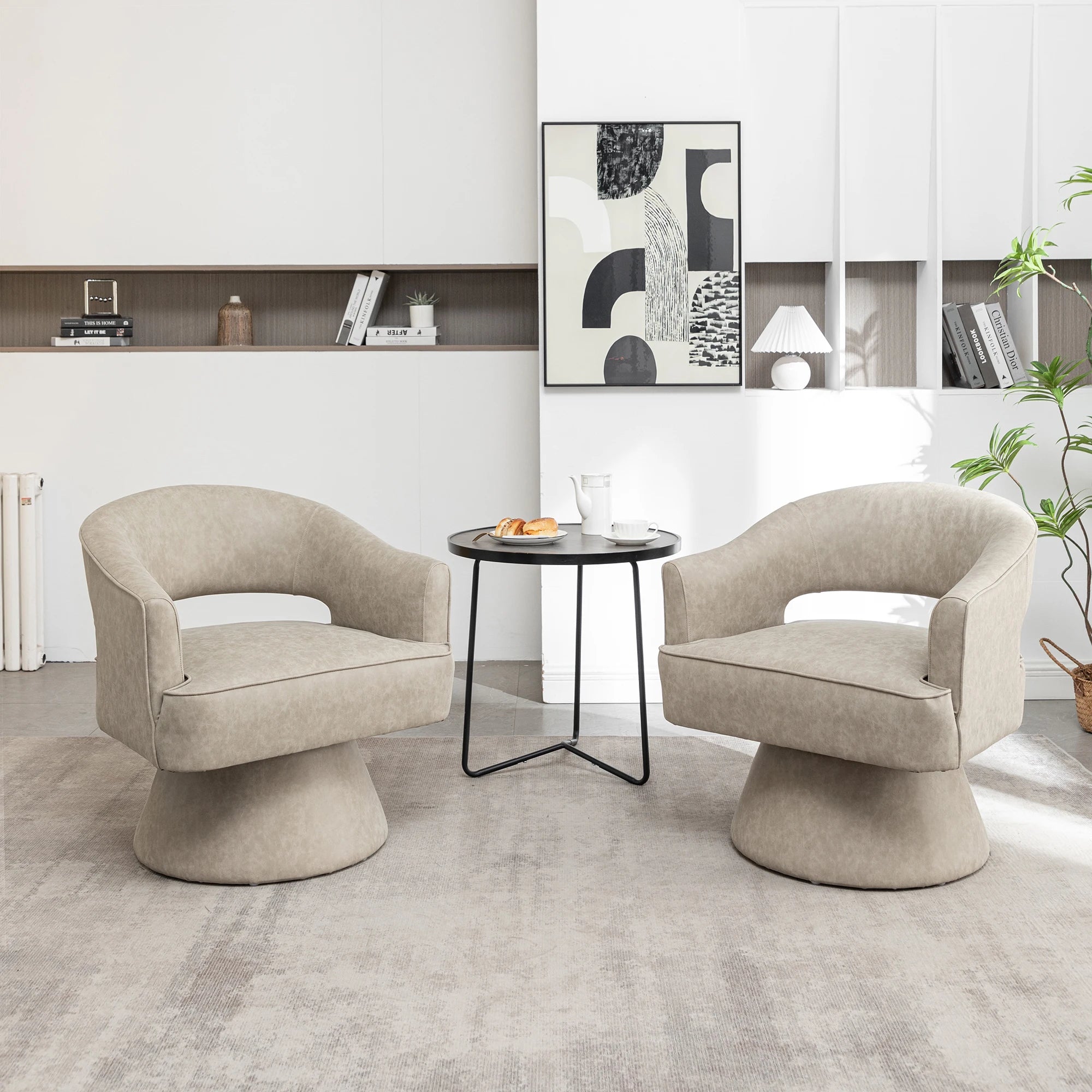 SEYNAR Modern Hollow Back PU Leather Accent Chair Set of 2, Upholstered Round Swivel Barrel Armchair for Living Room