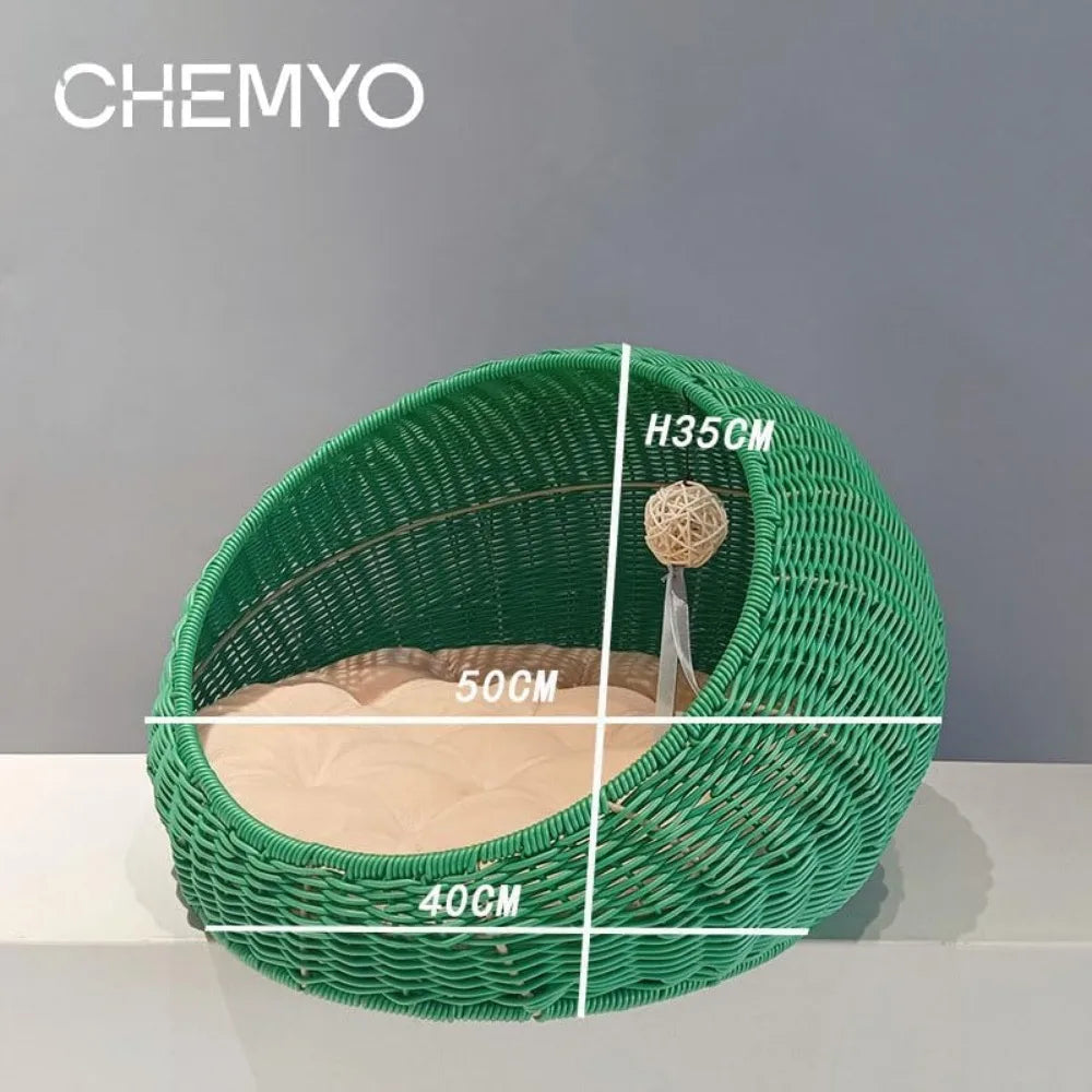 Indoor Rattan Cat House with Washable Cushion and Door Hole, Ideal for Cats and Kittens, Pet Sleeping Bed Elevation