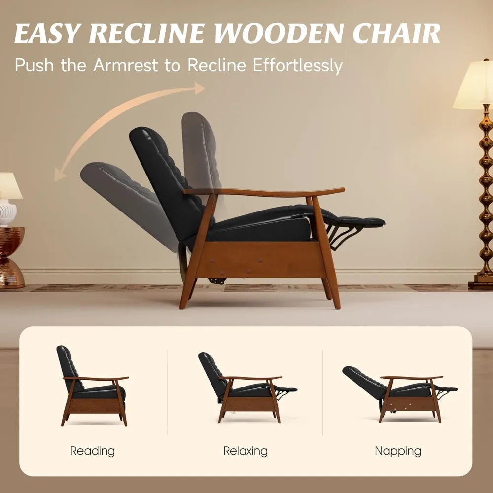 Leather Recliner Chair, Mid Century Push Back Accent Ｃhair, Comfortable Living Room Chair with Solid Wood Frame, High Back Loung