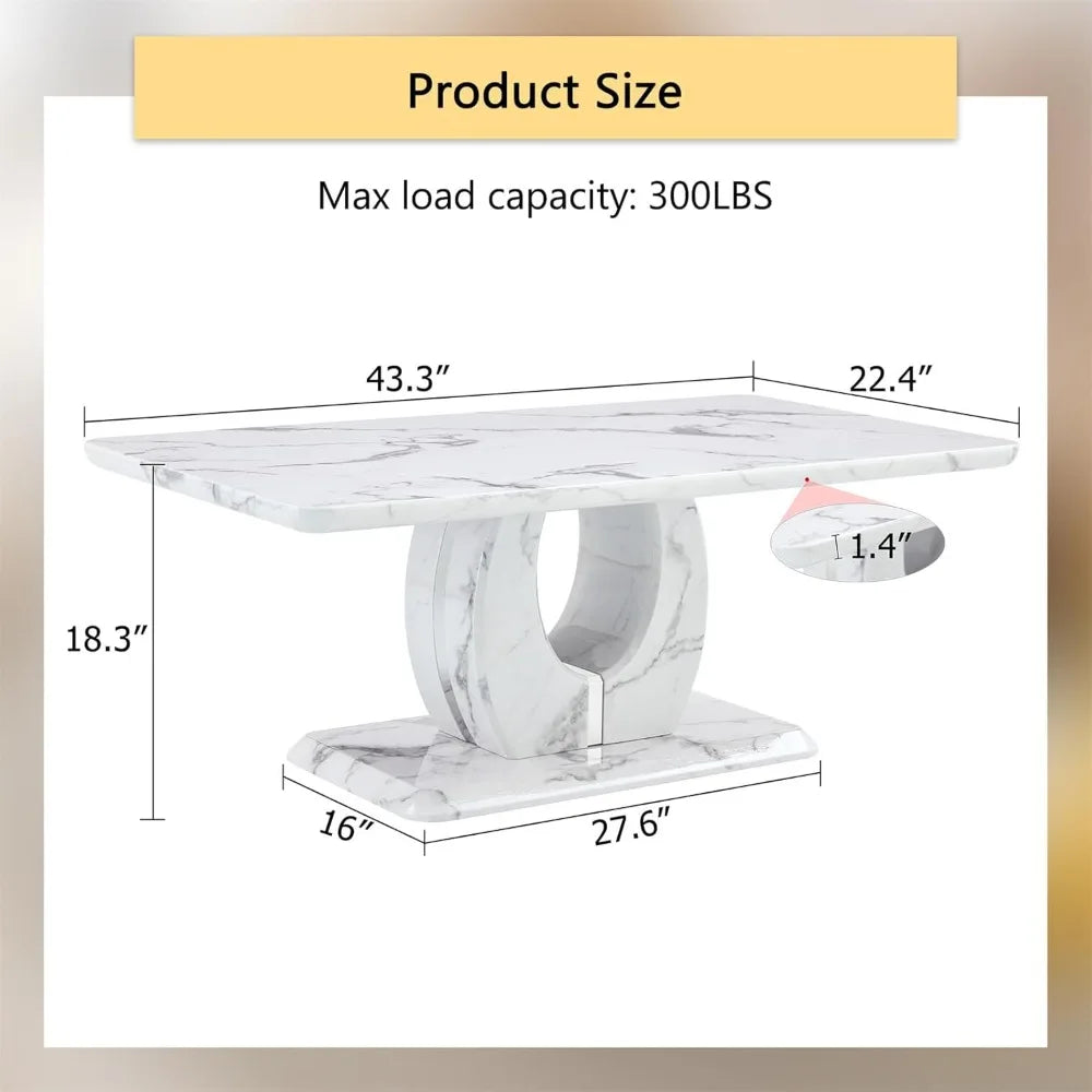 Modern Imitation Marble Coffee Table with Storage for Living Room, Rectangular Center Table with Stable Base