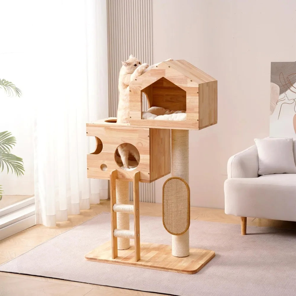 shengocase modern real solid rubber wood large cat tree tower castle with big enclosed bed, house condo, scratching post and sis