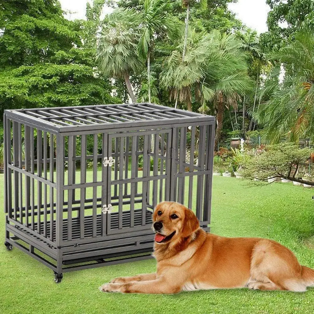 Large Dog Metal Cage with Wheels, 38 Inch Heavy Duty Kennel and Playpen for Pets, Easy Assembly, Black