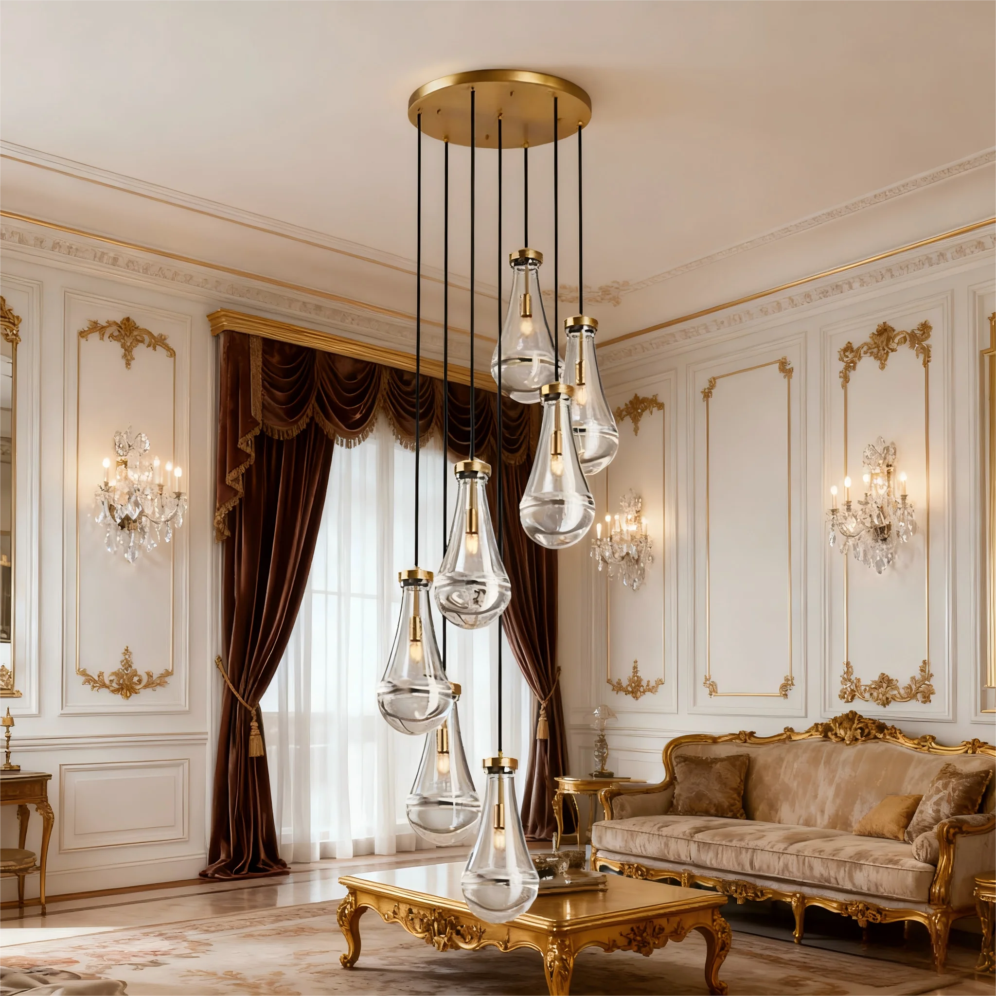 7 Light Cluster Pendant Lights, Black/Gold High Ceiling Chandeliers Adjustable, Living Room Pendant Light, Foyer Chandeliers