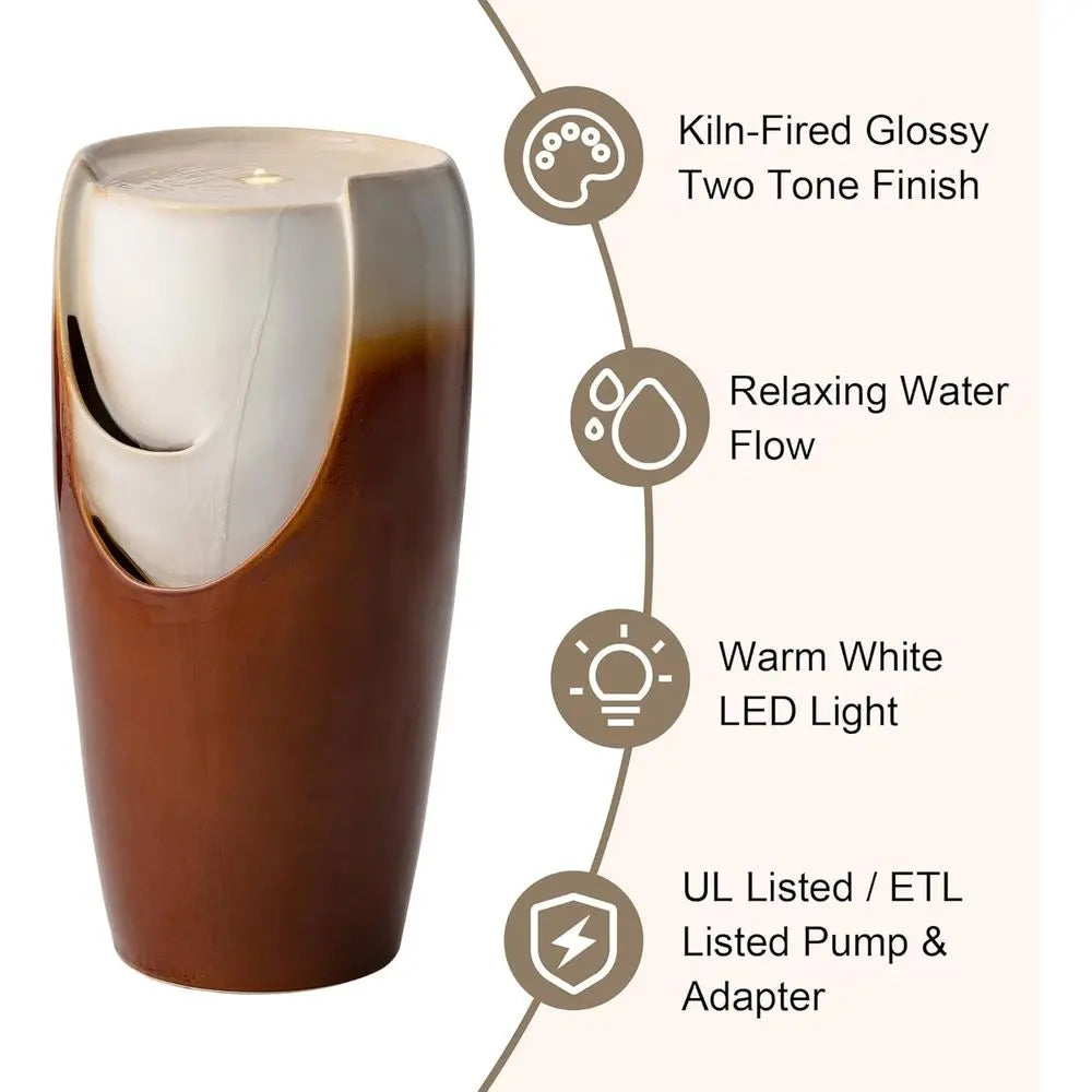 Outdoor Tall Sand Beige Ceramic Vase Fountain with LED Light and Pump for Patio Garden Decor
