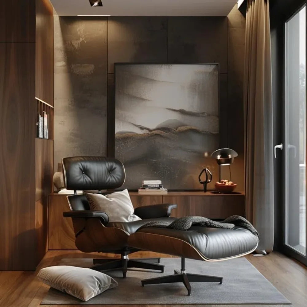 Mid Century Chaise Lounge Chair with Ottoman, Top Black Grain Leather Modern Office Chair Classic Design,Heavy Duty Base Support