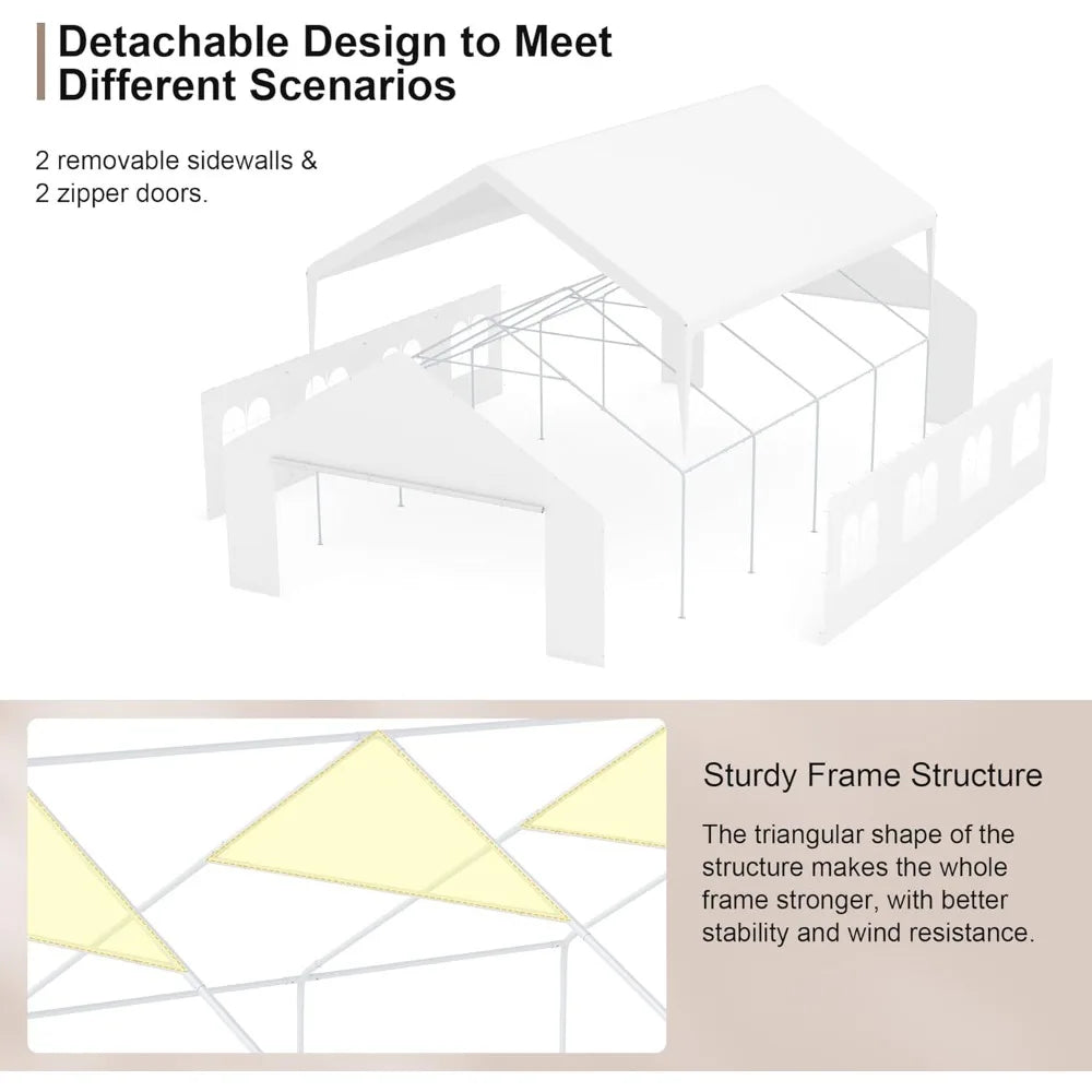 20' x 26' Heavy Duty Carport with Roll-up Visual Windows, Reinforced Party Tent with Removable Sidewalls & Doors for Parties, W