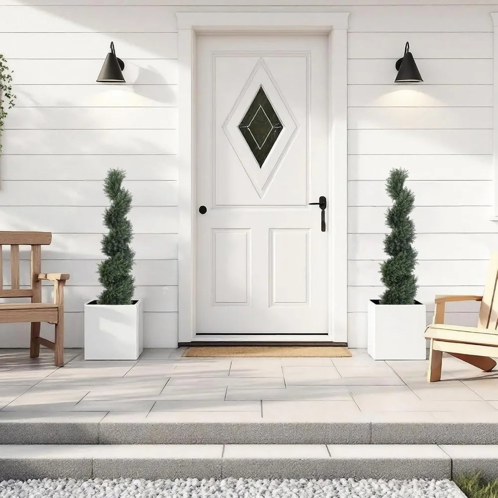 Pair of 4-Foot Tall Artificial Spiral Topiary Trees, 48-Inch Fake Cedar Outdoor Planters - Twist Cypress Look