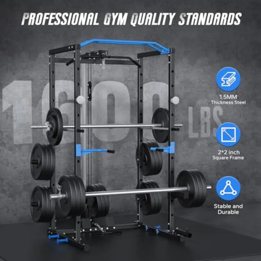 Power Cage MultiFunctional Squat Rack for Home Gym with Cable Crossover System 1600LBS Weight Capacity Strength Training Equipm