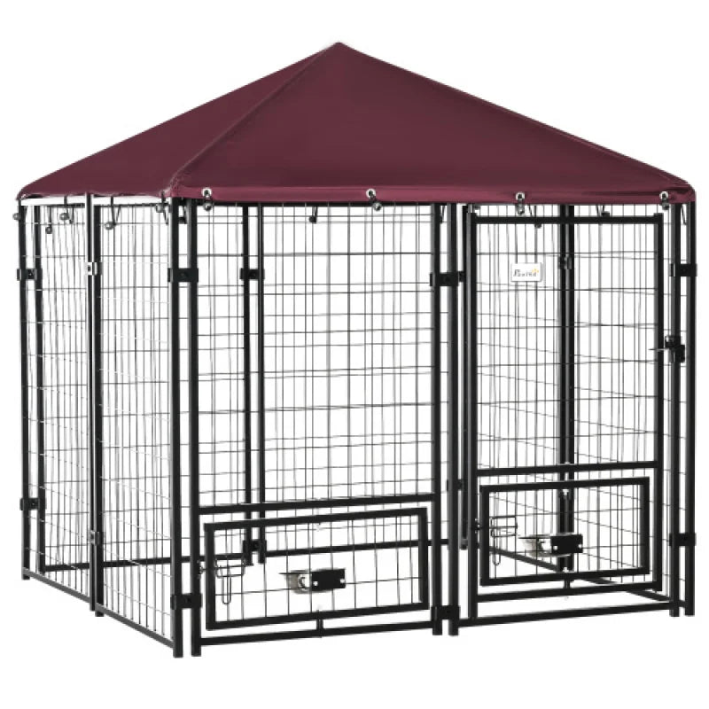 Outdoor Kennel With Rotating Bowl Rack Walk-in Pet Playpen Welded Wire Steel Dog Pen Waterproof UV Resistant Awning USA