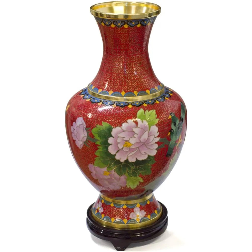 China Furniture Online Red Floral Motif Oriental Cloisonne Vase with Stand