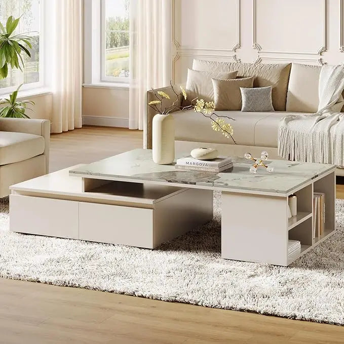 Extendable Tabletop Coffee Table with 4 Drawers & Storage Shelf, Modern from 51-Inch to 71-Inch Center Table for Living Room, F