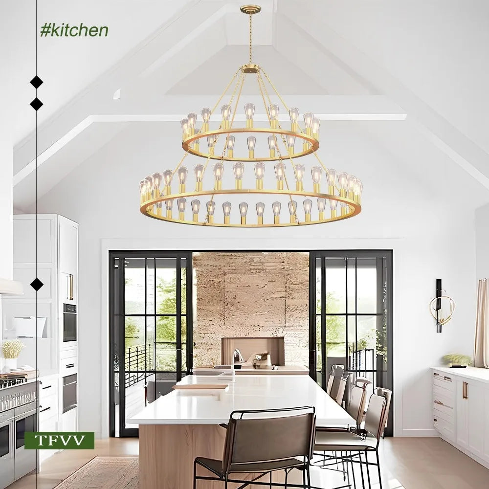 60‘’ Grand Circle 54-Light  Lamps Gold Wagon Wheel Chandelier 2 Tier Design Rustic Fixture Lighting  Lights For Room Home Decor