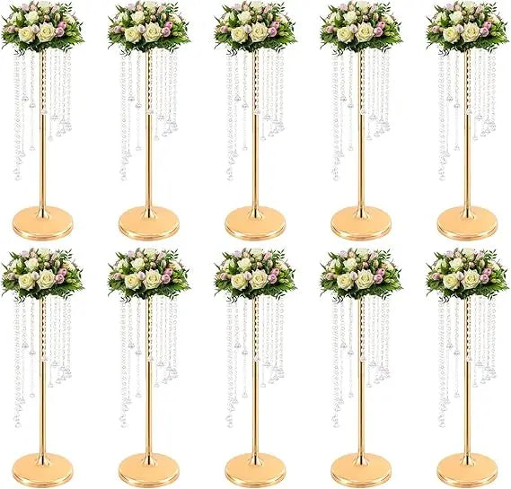 Centerpieces Gold Vases, 10PCS Metal Flower Candle Holder with Sparkling Crystal Beads, Crystal Flower Vase Metal Flowers
