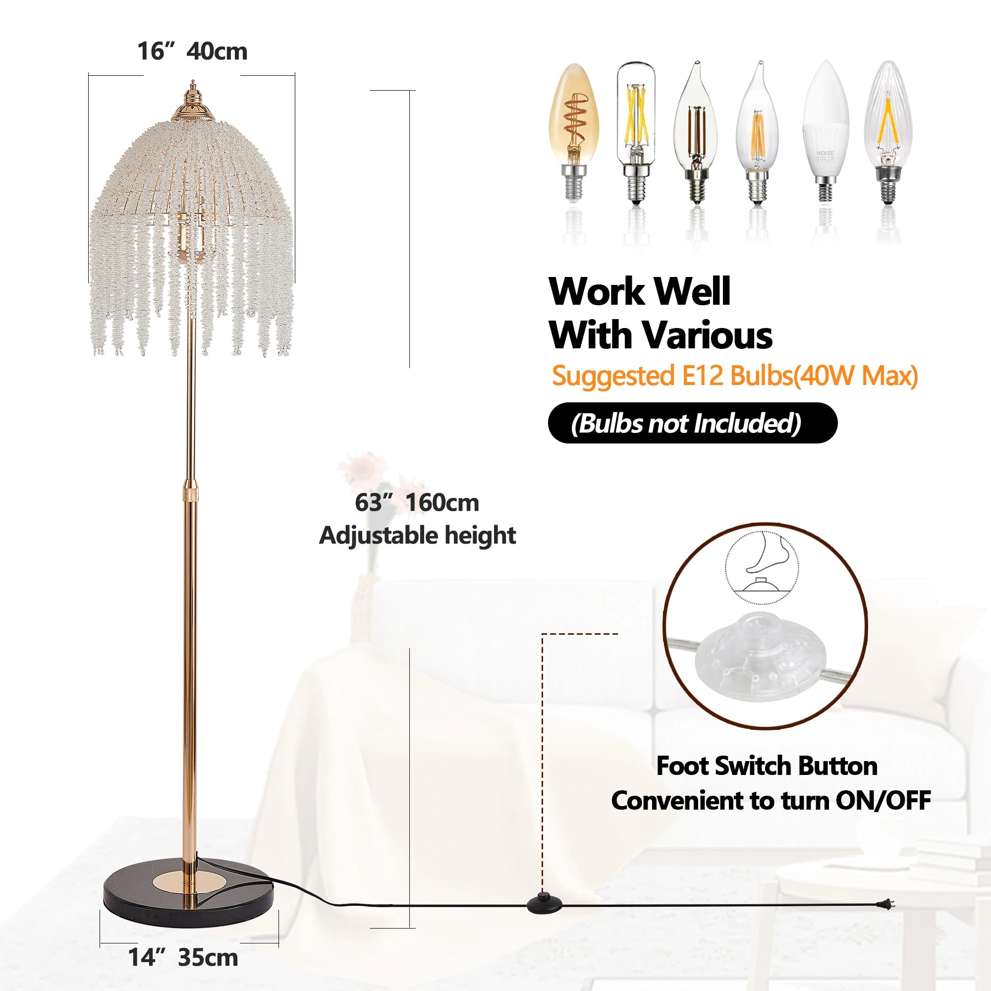 L011008 Crystal Pendant American Retro Gold Floor Lamp Hardware Lamp Base Compatible with E12 Specification Type Lamp Bedroom Living Room Sofa Side Light Luxury Atmosphere High-End Background Light