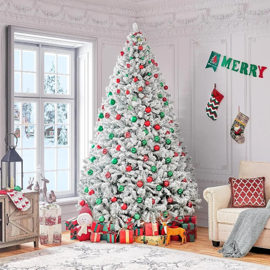 9ft Premium Snow Flocked Hinged Artificial Christmas Fake Spruce Full Tree for Home Office Party Decoration with 2108 Branches