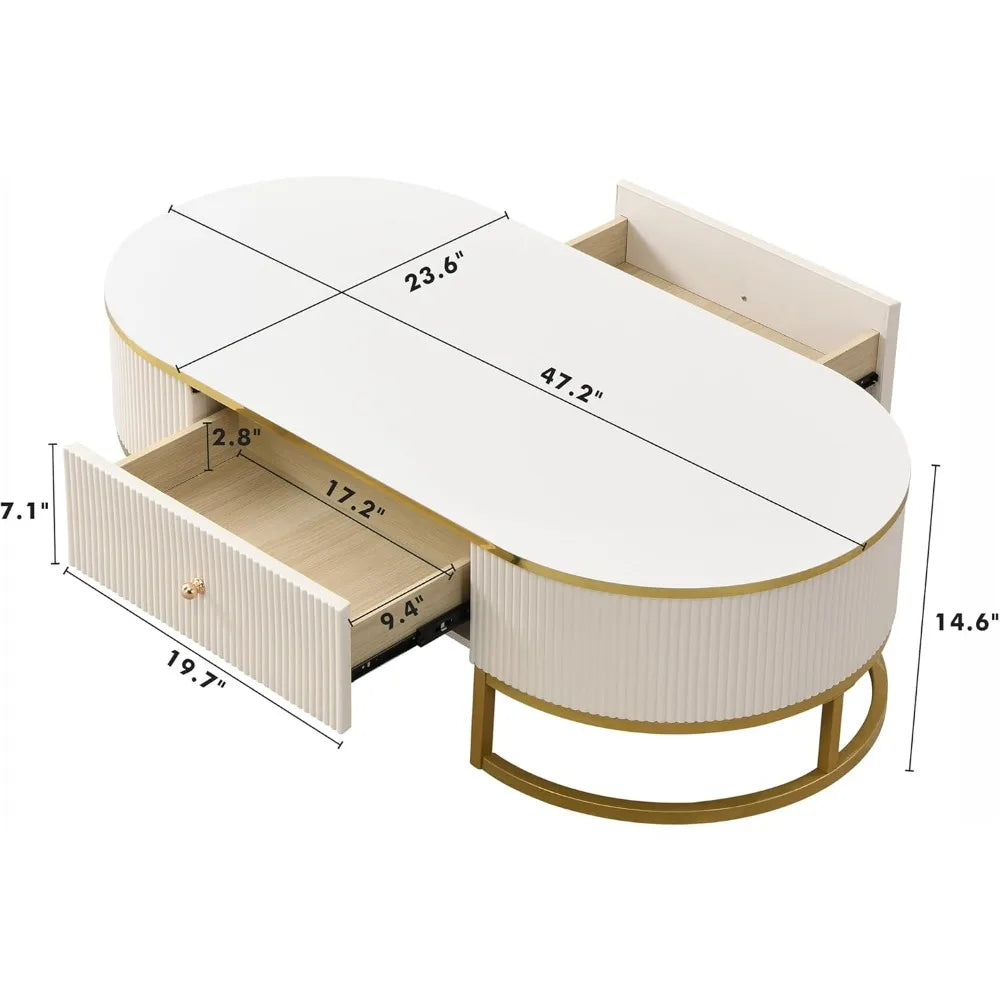 Modern Oval Coffee Table with Drawers,Curved Profile Design, Gold Metal Decor, Center Table for Living Room in 47.2"