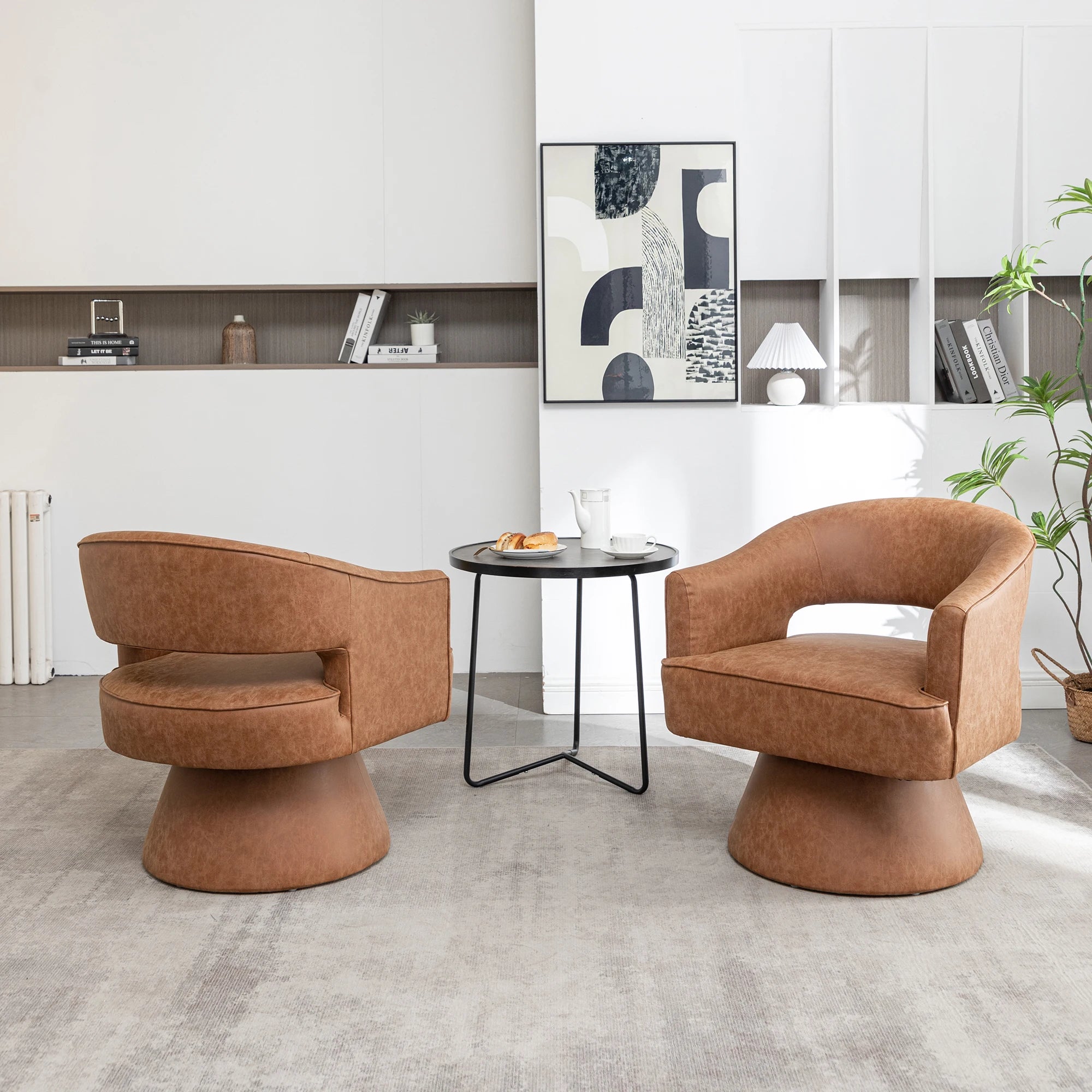 SEYNAR Modern Hollow Back PU Leather Accent Chair Set of 2, Upholstered Round Swivel Barrel Armchair for Living Room