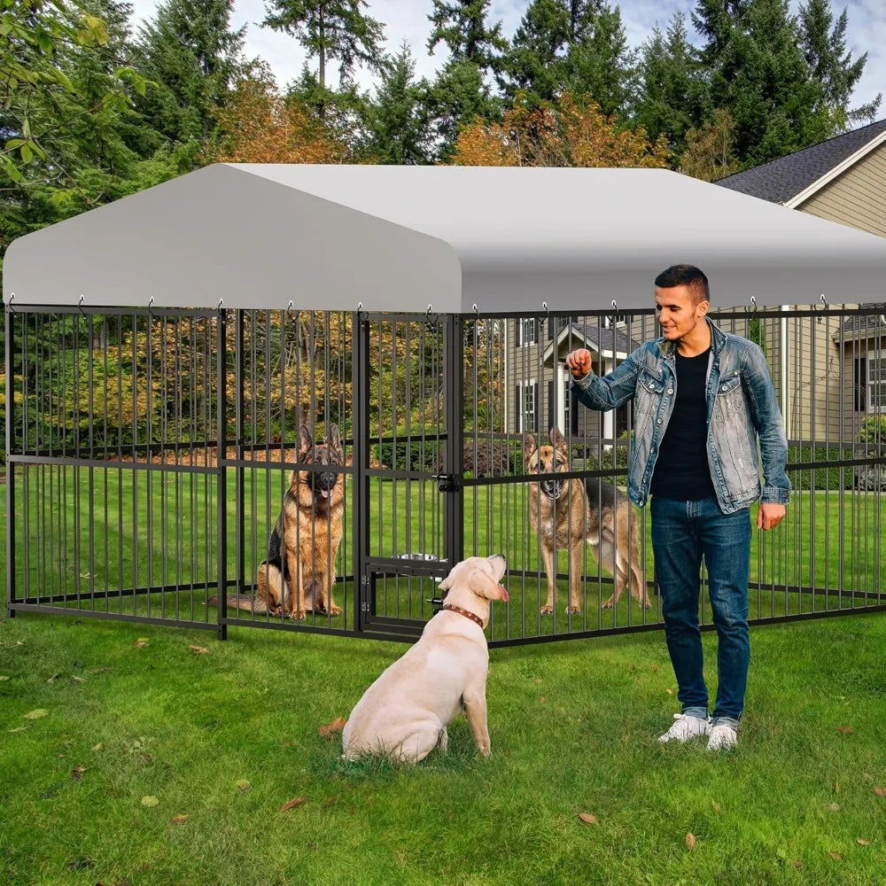 Large Outdoor Dog Kennel - 10x10x6 Feet, Heavy Duty Cage with Lock, Waterproof Roof, and Swivel Stainless Steel Feeding Bowl