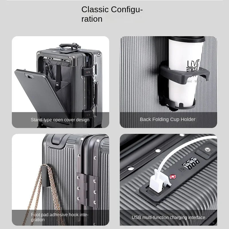 20/24/26 Inch Front Opening Pocket Suitcase Rolling Luggage Aluminum Frame Wide Handle Trolley Case with Wheel USB Charging