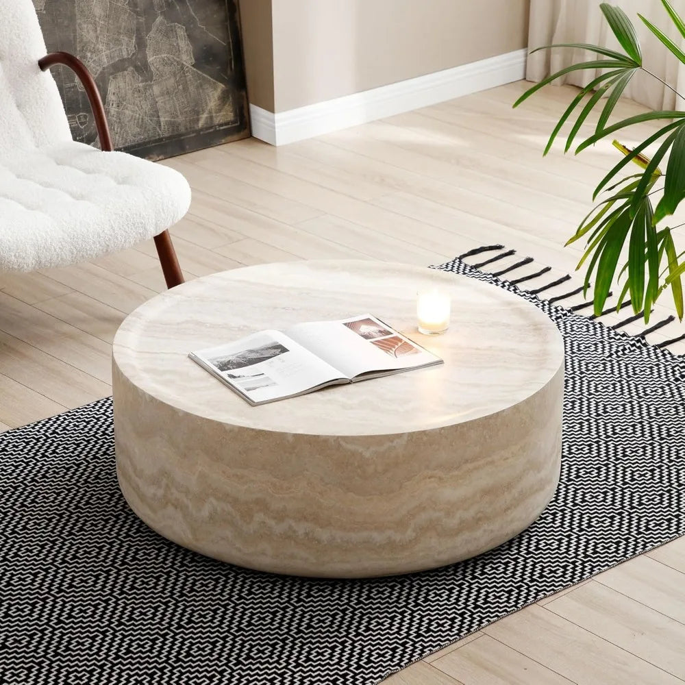Modern Drum Style Fiberglass Coffee Table, Round Marble-Look Table for Living Spaces and Apartments