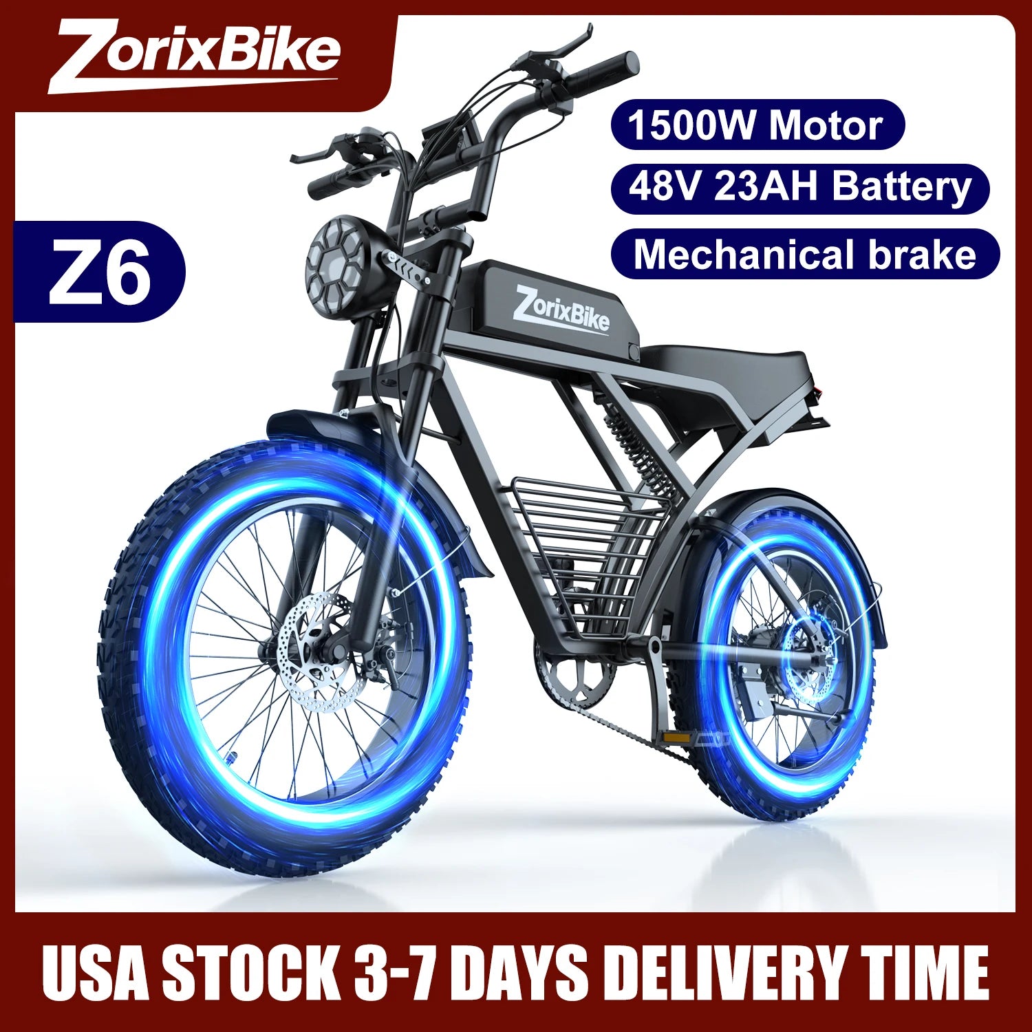 ZorixBike Z6 Retro Electric Bicycle for Adults 1500W 31MPH 48V 23AH  Electric Motorcycle 20" Fat Tire Bike EBike LCD Screen
