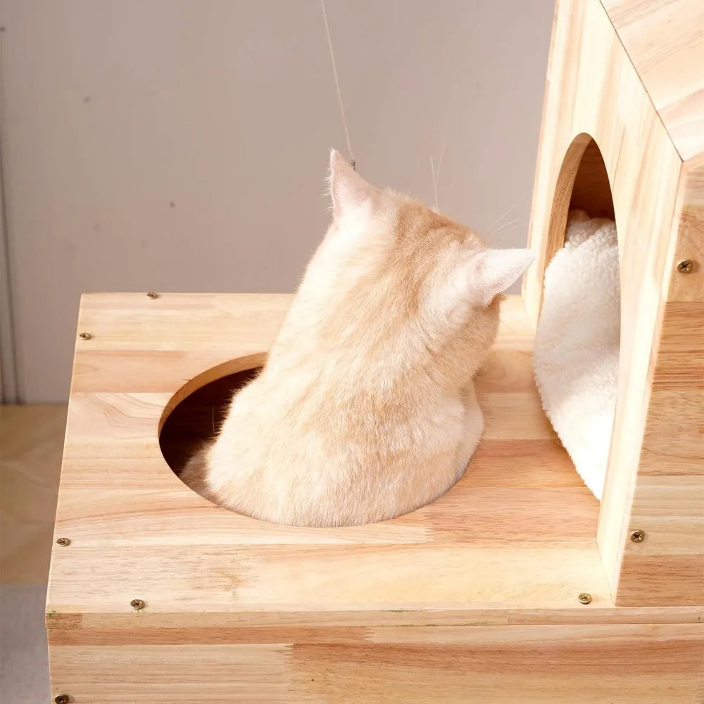 shengocase modern real solid rubber wood large cat tree tower castle with big enclosed bed, house condo, scratching post and sis