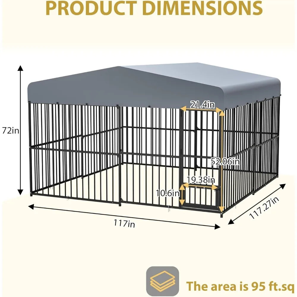 Large Outdoor Dog Cage - 10x10x6 Heavy-Duty Rust-Proof Galvanized Steel Kennel Enclosure with Barrier Fence for Secure Outdoor L