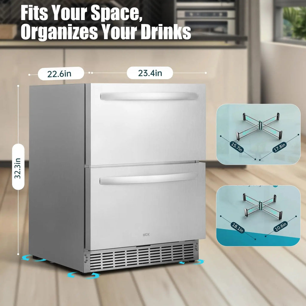 HCK 24 Inch Under Counter Double Drawer Fridge, Stainless Steel Outdoor Beverage Refrigerator for Patio, Built-in Beverage Fridg