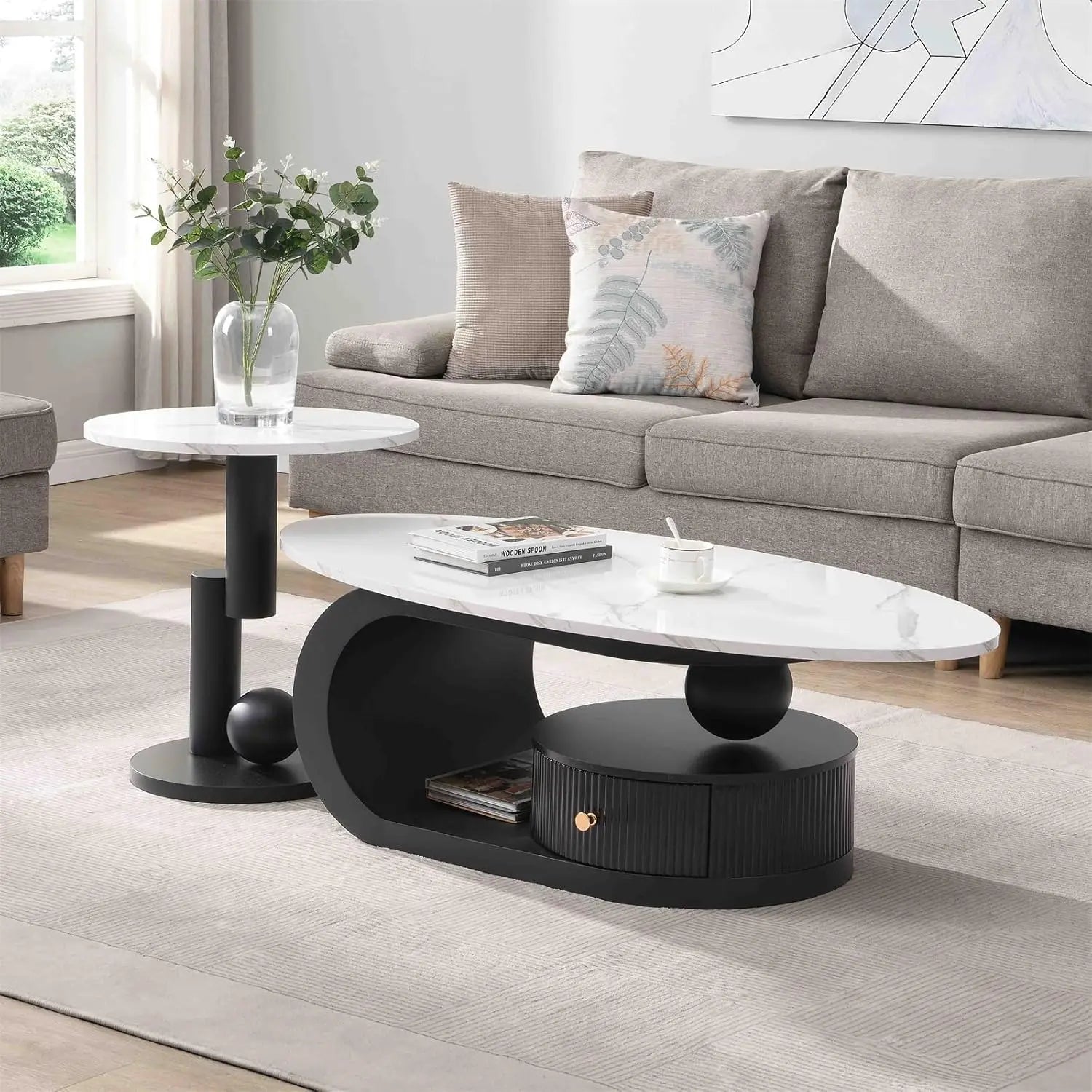 2 Piece Living Room Set, Modern Nest Coffee Table Set of 2, Faux Marble Tabletop Oval Coffee and End Table Set with Gold Iron Ge