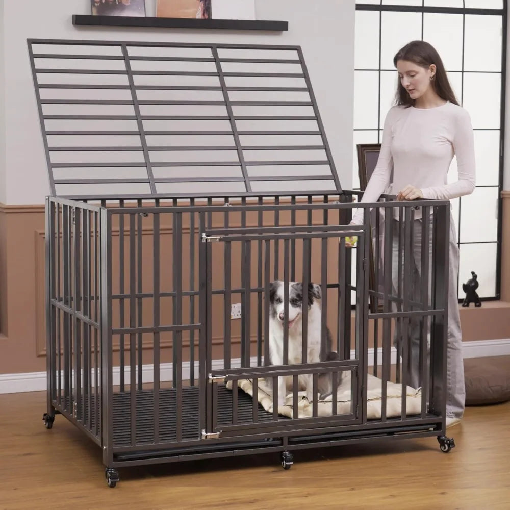 Heavy-Duty Foldable Dog Crate, Indestructible and Escape-Proof, Extra Large with Lockable Wheels, Suitable for Large Dogs