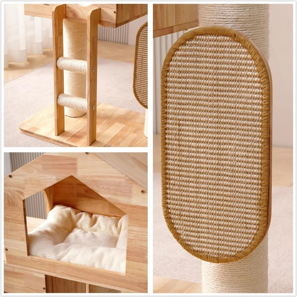 shengocase modern real solid rubber wood large cat tree tower castle with big enclosed bed, house condo, scratching post and sis