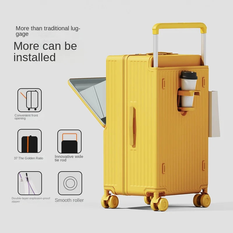 New Wide Tie Rod Luggage Front Opening Laptop Bag Multifunctional Travel Suitcases 20 inch Cabin Bag 24-30''Large Size Suitcases
