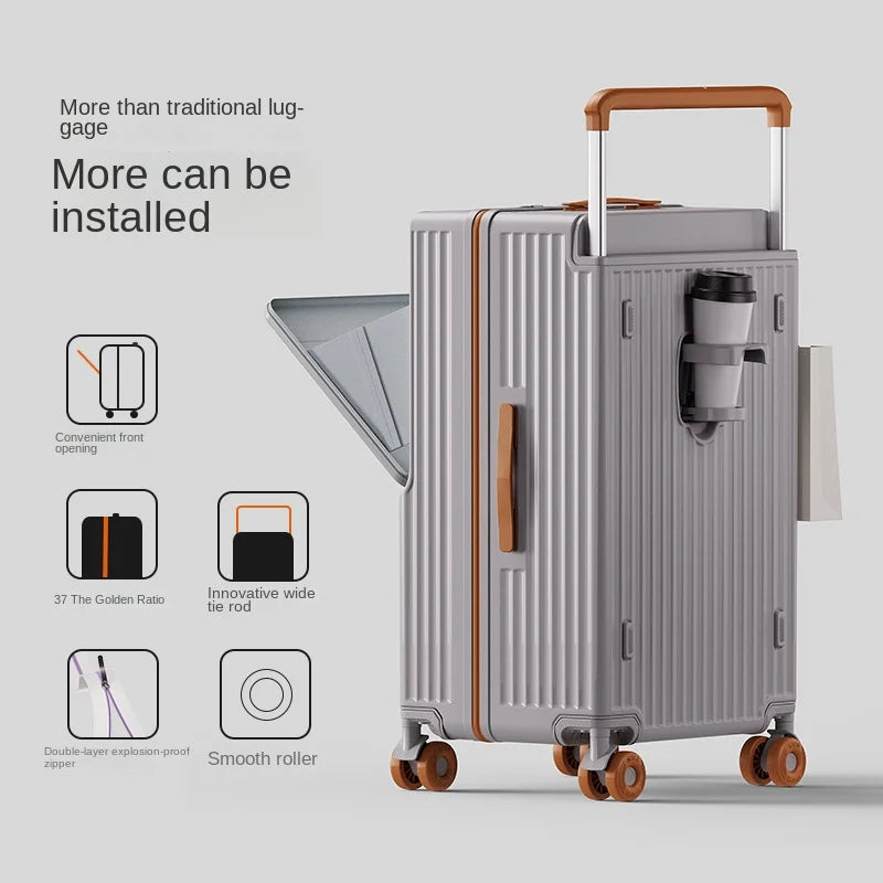 New Wide Tie Rod Luggage Front Opening Laptop Bag Multifunctional Travel Suitcases 20 inch Cabin Bag 24-30''Large Size Suitcases