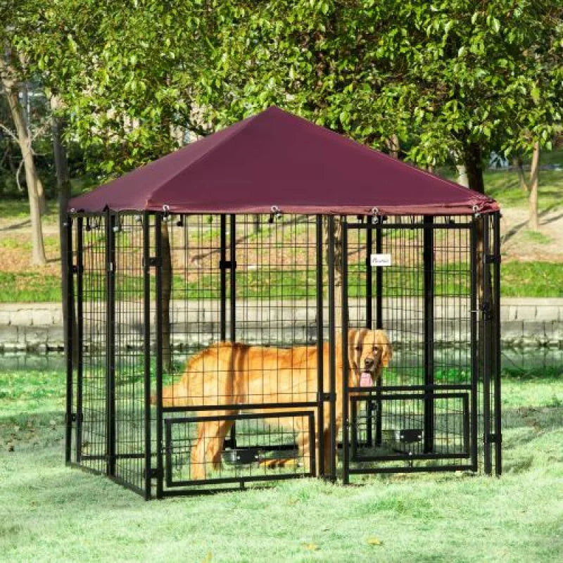 Outdoor Kennel With Rotating Bowl Rack Walk-in Pet Playpen Welded Wire Steel Dog Pen Waterproof UV Resistant Awning USA