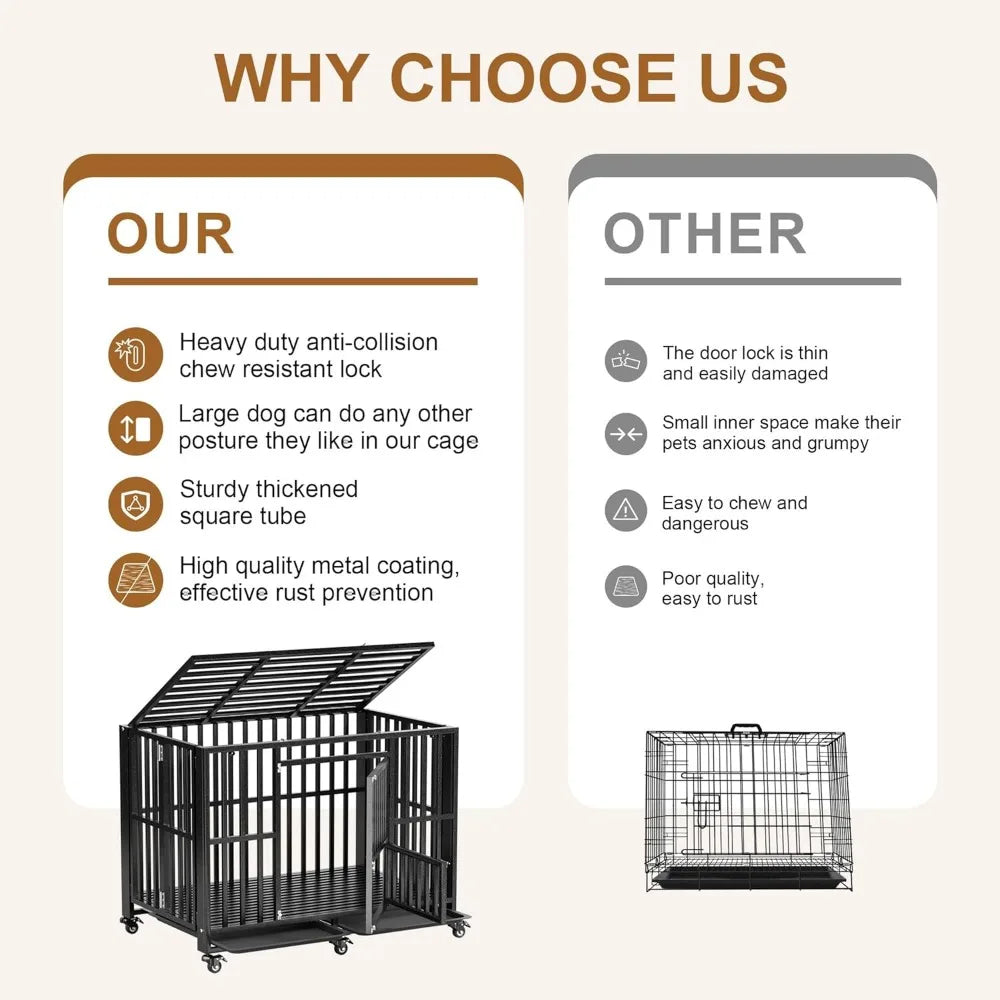 Heavy-Duty Foldable Dog Crate, Indestructible and Escape-Proof, Extra Large with Lockable Wheels, Suitable for Large Dogs