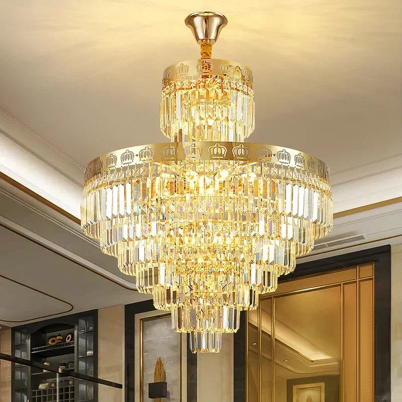 Duplex Villa with Hollow Decoration Living Room Crystal Light Jumping Floor Mid Floor Light Luxury Crystal Staircase Light