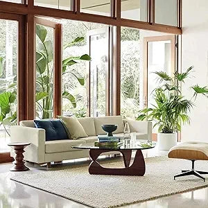 Triangle Glass Coffee Table Modern Noguchi Coffee Table, Vintage Glass, and Wood End Table, Solid Wood Base and Clear Glass Top