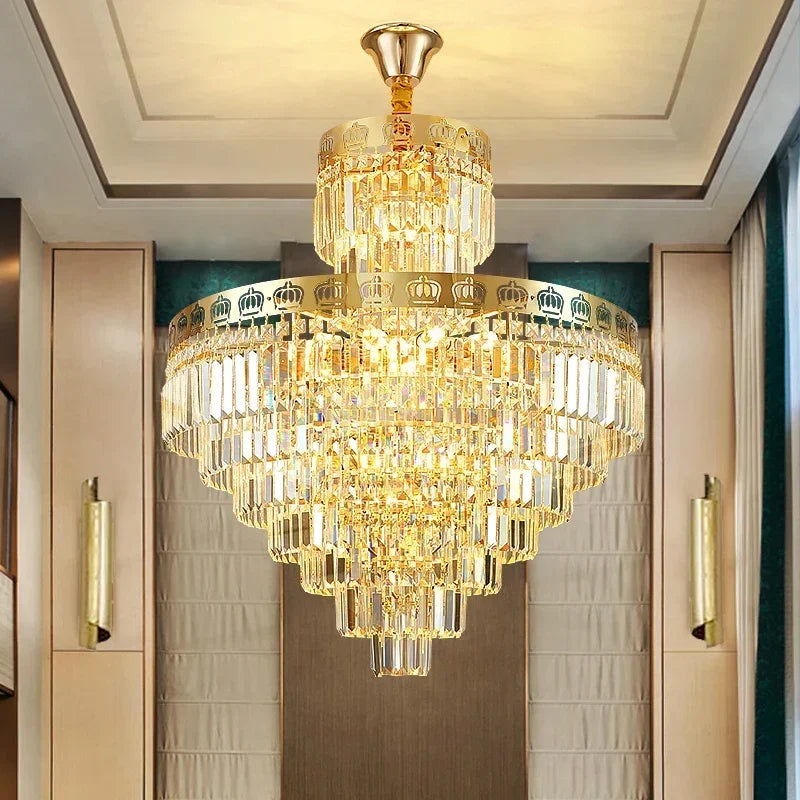Duplex Villa with Hollow Decoration Living Room Crystal Light Jumping Floor Mid Floor Light Luxury Crystal Staircase Light