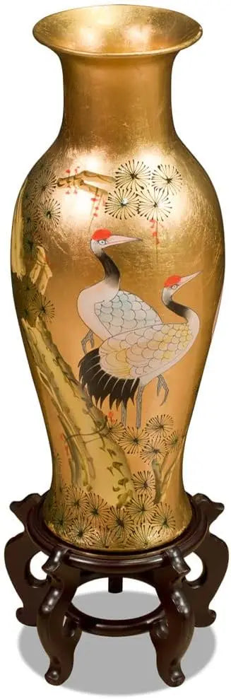 China Furniture Online 24 Inch Gold Leaf Longevity Cranes Oriental Vase