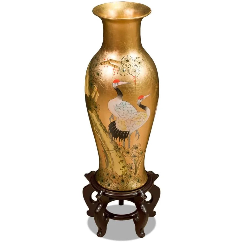 China Furniture Online 24 Inch Gold Leaf Longevity Cranes Oriental Vase
